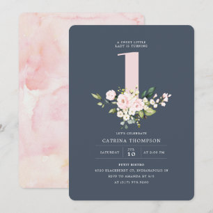 Blush & Navy Floral & Eucalyptus Girl 1st Birthday Invitation