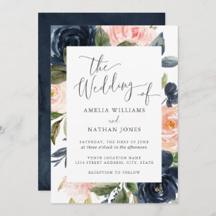 Blush Navy Floral Frame Wedding Invitation