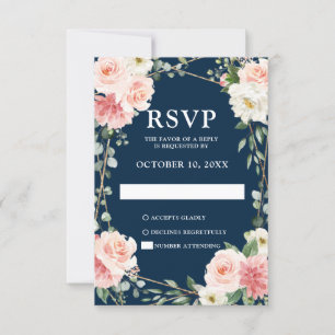 Blush Navy Floral Geometric Botanical Wedding RSVP Card