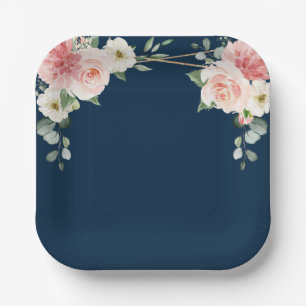 Blush Navy Floral Gold Geometric Botanical Wedding Paper Plate