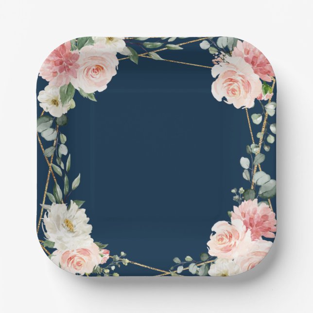 Blush Navy Floral Gold Geometric Botanical Wedding Paper Plate (Front)