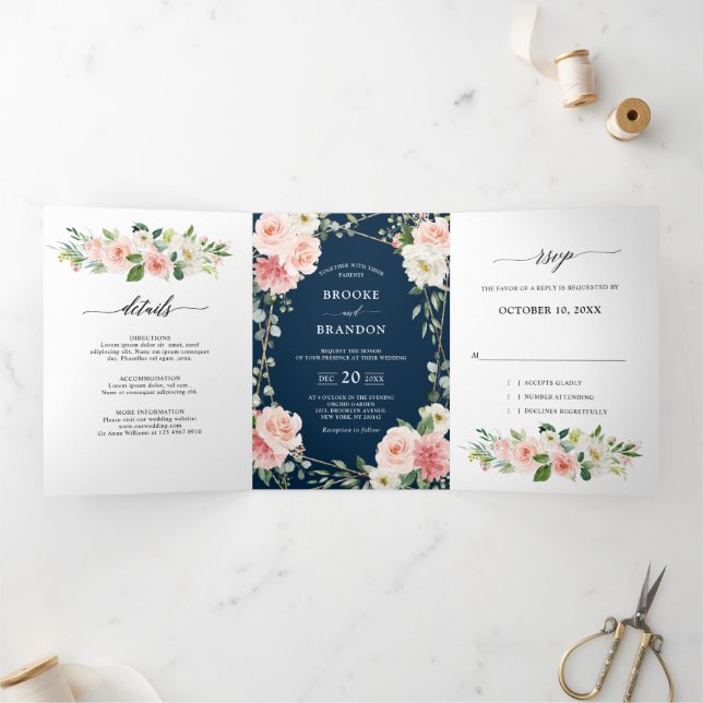 Blush Navy Floral Gold Geometric Botanical Wedding Tri-Fold Announcement (Inside)