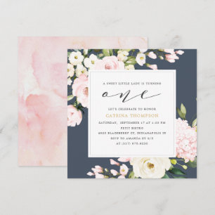 Blush Navy Floral Greenery Girl 1st Birthday Party Invitation