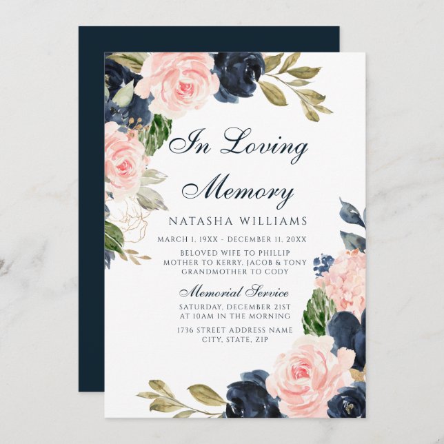 Blush & Navy Floral Memorial Announcement Service (Front/Back)