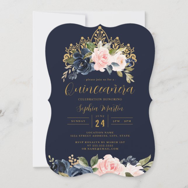 Blush Navy Floral Tiara Quinceanera  Invitation (Front)