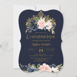 Blush Navy Floral Tiara Quinceanera  Invitation