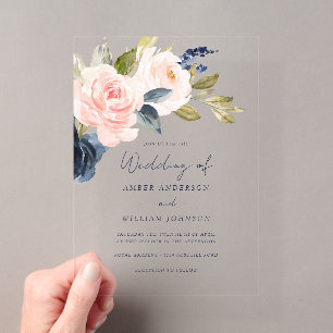 Blush Navy Floral Wedding Acrylic Invitations