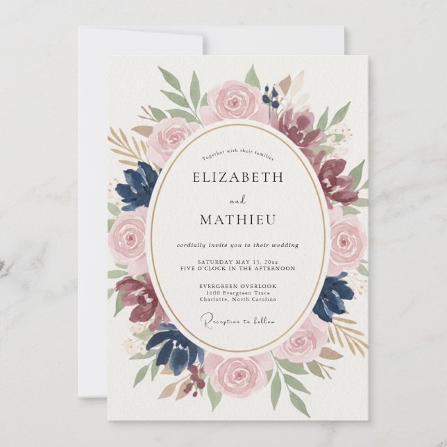 Blush Navy Floral Wedding Invitation (Front)