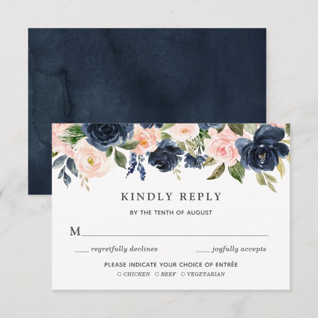 Blush & Navy Floral Wedding invitation RSVP card (Front/Back)
