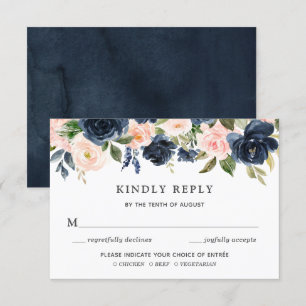 Blush & Navy Floral Wedding invitation RSVP card