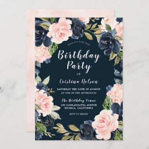 Blush Navy Floral Wreath All Years Birthday Party Invitation