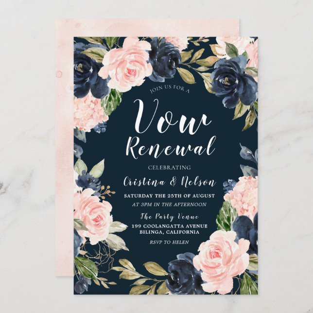 Blush Navy Floral Wreath Vow Renewal Invitation (Front/Back)