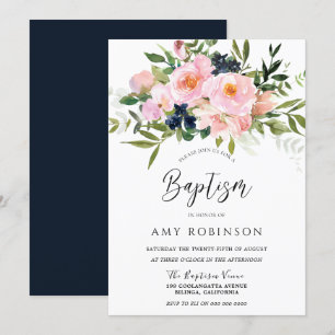 Blush & Navy Flowers Baby Girl or Boy Baptism Invitation