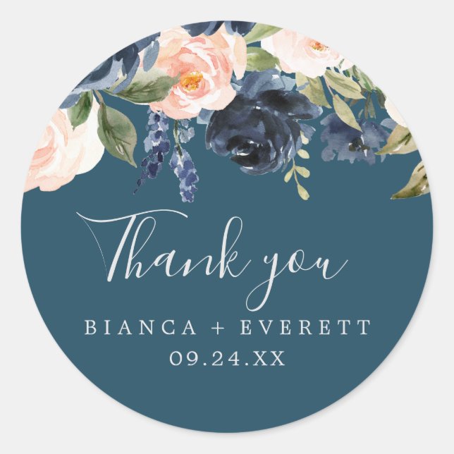 Blush & Navy Flowers Blue Thank You Favour Sticker (Front)