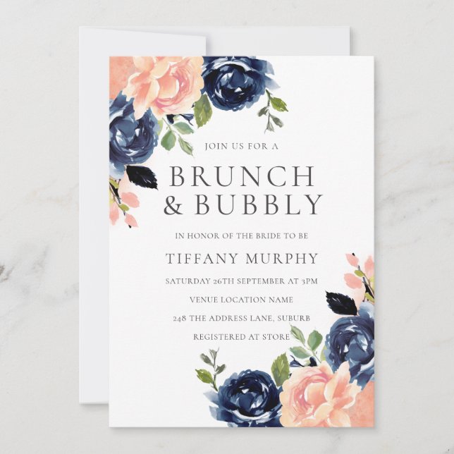 Blush & Navy Flowers Bridal Shower Brunch & Bubbly Invitation (Front)