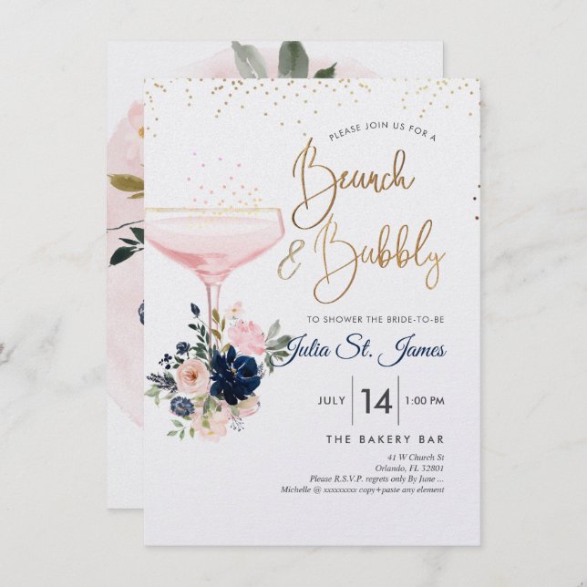 Blush+Navy Flowers Brunch Bubbly Pink Champagne Invitation (Front/Back)