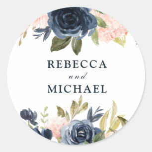 Blush & Navy Flowers Wedding or Engagement Party Classic Round Sticker