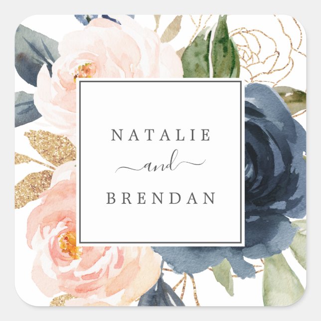 Blush & Navy Flowers White Wedding Envelope Seals (Front)