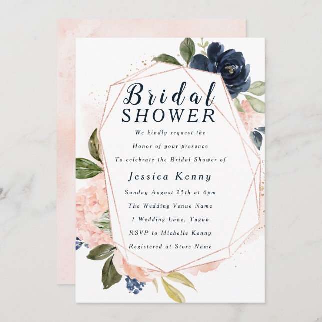 Blush & Navy Geometric Flowers Bridal Shower Invitation (Front/Back)