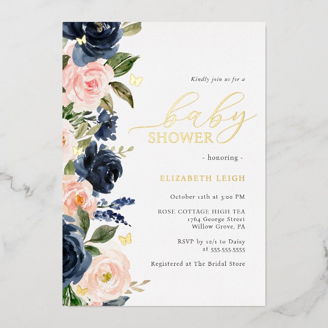 Blush Navy Gold Floral Butterfly Baby Shower  (Front)