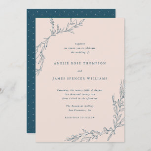 Blush & Navy Hand-drawn Foliage Botanical Wedding Invitation