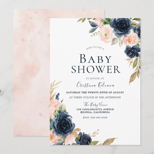 Blush & Navy Peach Flowers Baby Shower Invitation (Front/Back)