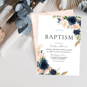 Blush & Navy Peach Flowers Baptism Christening Invitation