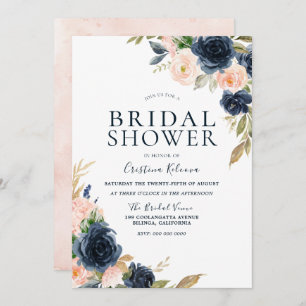 Blush & Navy Peach Flowers Bridal Shower Invitation