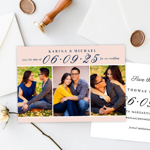 Blush Navy Three Photo Collage Wedding Save The Date