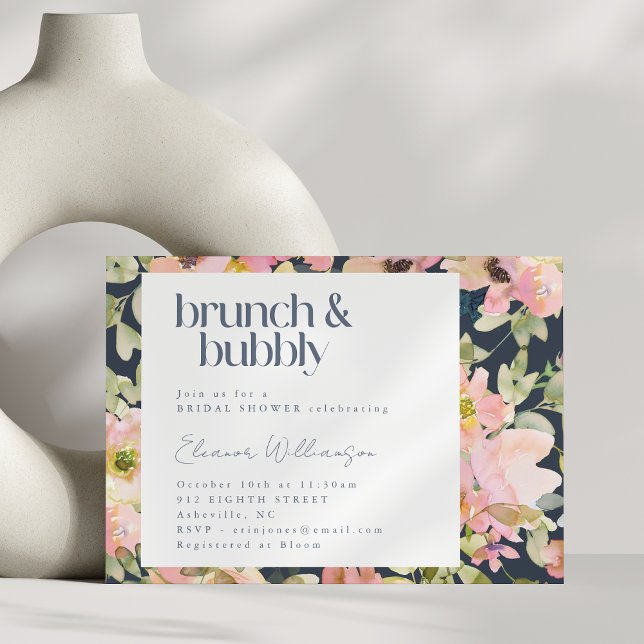 Blush Navy Watercolor Floral Brunch Bubbly Bridal Invitation (Creator Uploaded)