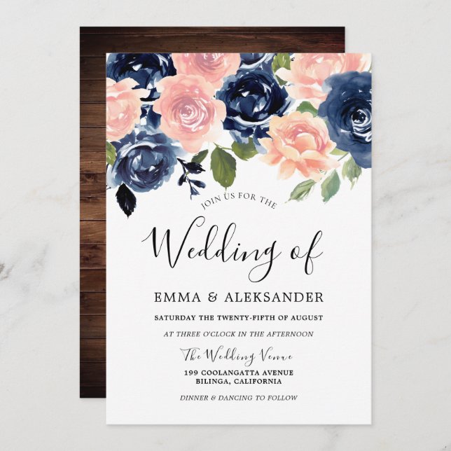 Blush & Navy Watercolor Floral Rustic Wedding Invitation (Front/Back)