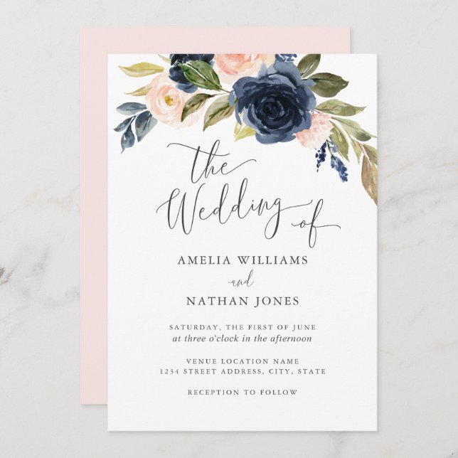 Blush Navy Watercolor flower Wreath Wedding Invitation (Front/Back)