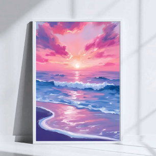 Blush Ocean Sunset Waves Watercolor Art Poster