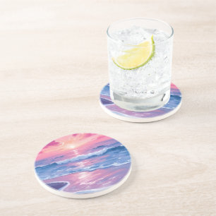 Blush Ocean Sunset Waves Watercolor Coaster