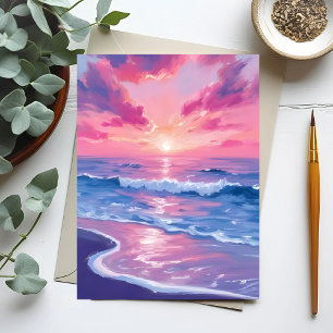 Blush Ocean Sunset Waves Watercolor Postcard