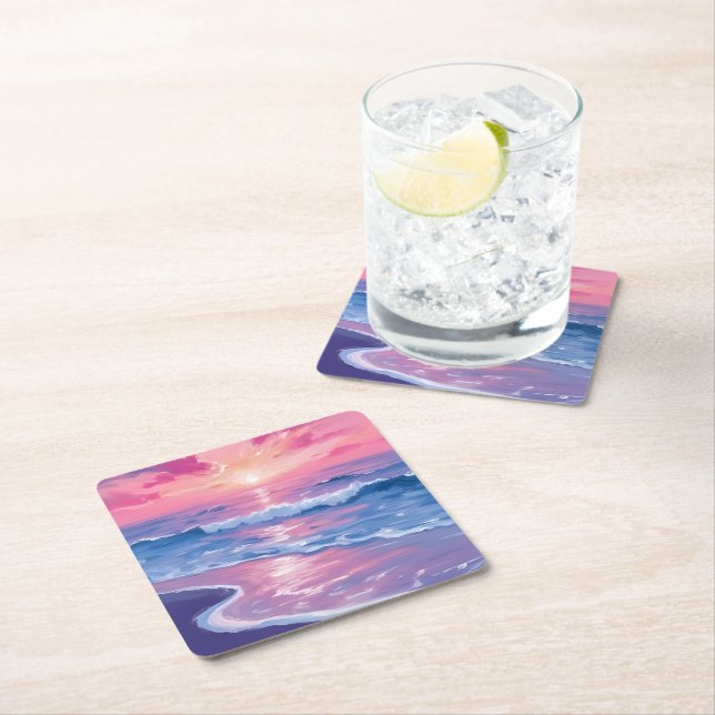 Blush Ocean Sunset Waves Watercolor Square Paper Coaster (Insitu)