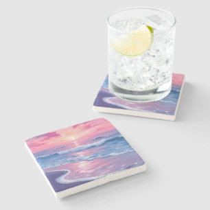 Blush Ocean Sunset Waves Watercolor Stone Coaster