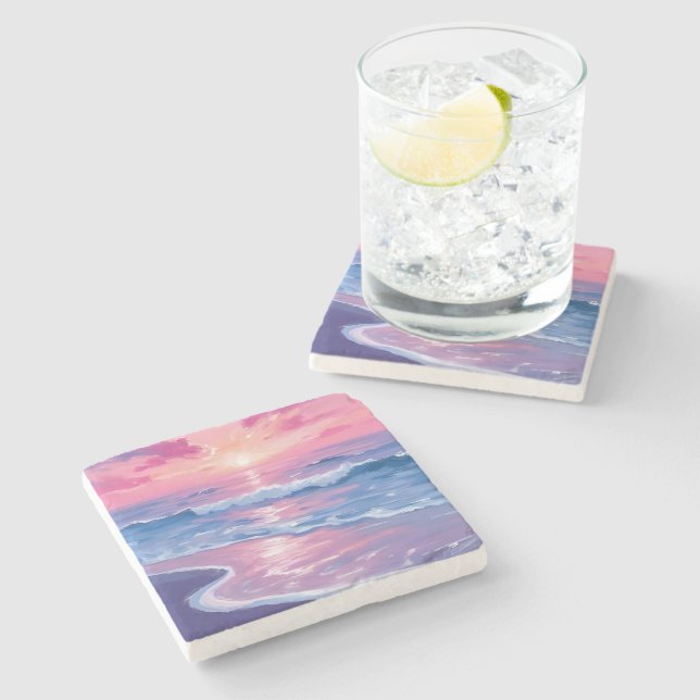 Blush Ocean Sunset Waves Watercolor Stone Coaster (Side)