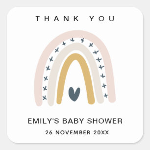 BLUSH OCHRE HEART RAINBOW BABY SHOWER THANK YOU SQUARE STICKER