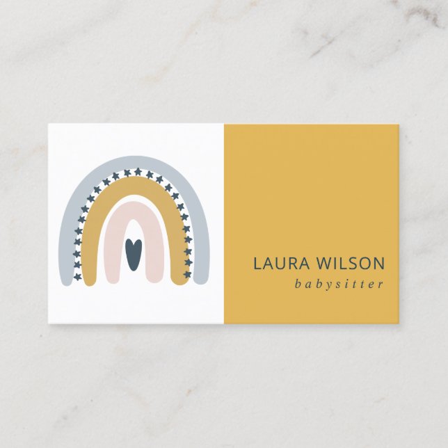 BLUSH OCHRE NAVY SCANDI HEART RAINBOW BABYSITTER BUSINESS CARD (Front)
