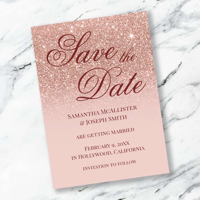 Blush Ombre Rose Gold Glitter Save the Date Invitation (Creator Uploaded)