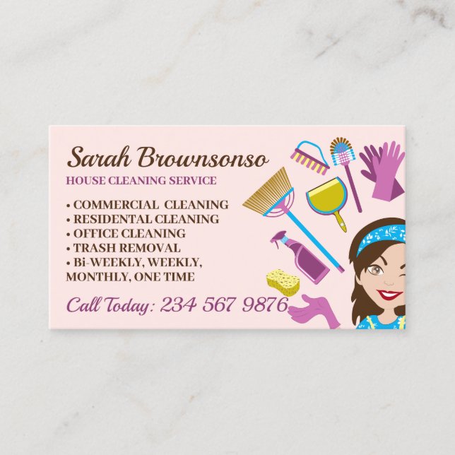 Blush Orange Janitorial Lady House Cleaning Business Card (Front)