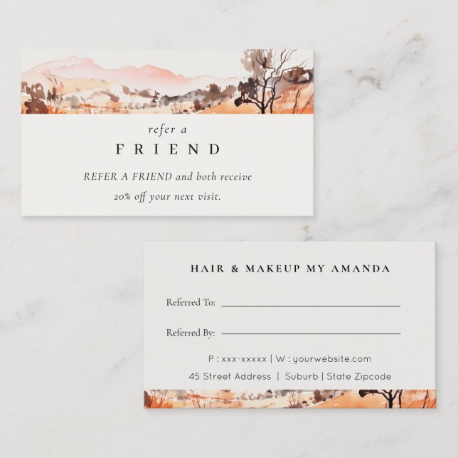 Blush Orange Watercolor Mountain Refer A Friend Business Card (Front/Back)
