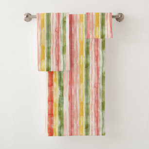 Blush Orange Yellow Green Stripes   Bath Towel Set