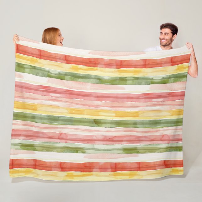Blush Orange Yellow Green Stripes   Fleece Blanket (In Situ)