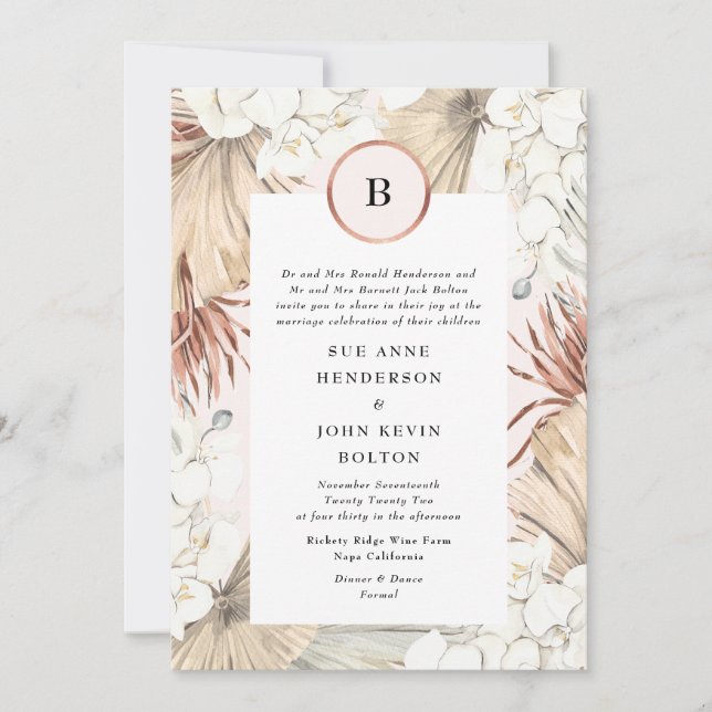Blush Pampas and Rose Gold Foil Wedding Invitation (Front)