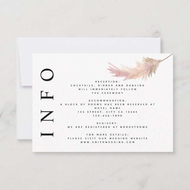 Blush Pampas Grass Minimalist Wedding Information RSVP Card (Front)