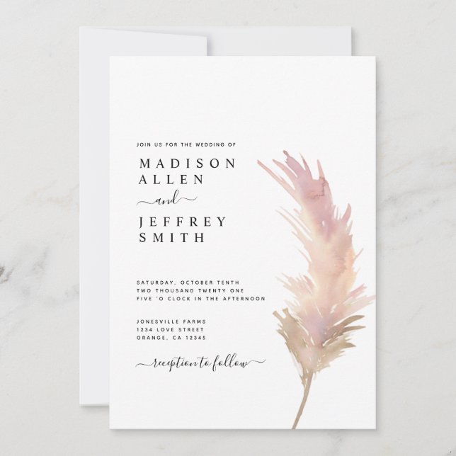 Blush Pampas Grass Minimalist Wedding Invitation (Front)