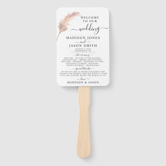 Blush Pampas Grass Minimalist Wedding Program Hand Fan (Front)