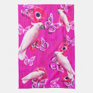 Blush Paradise: Cockatoos and Butterflies Harmony, Tea Towel
